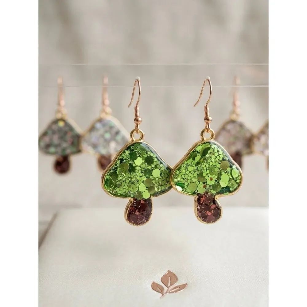 Whimsical Green Glitter Mushroom Dangle Earrings - Gold Tone Boho Jewelry New